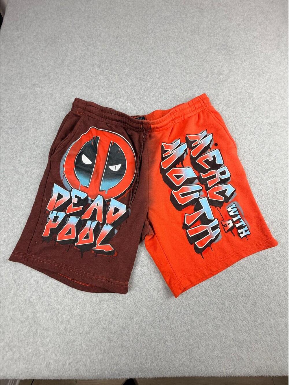 Marvel Mens Deadpool Graphic Split Leg Jogger Shorts‎ XL Brown Orange Fleece